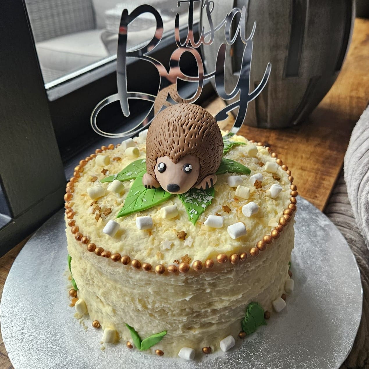 foto van een taart met een fondanten egel erop